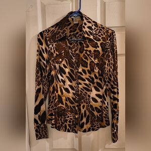 Cache Silk Animal Print Button Down Shirt Gold Accents XS